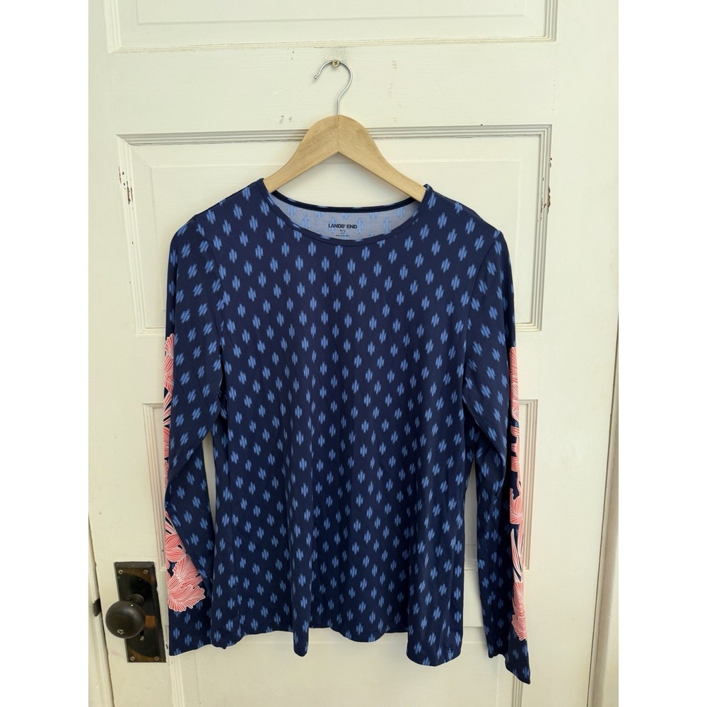 Lands' End Women's Blue Rash Guard Swim‎ Shirt Tropical Floral UPF Active Sz M/L